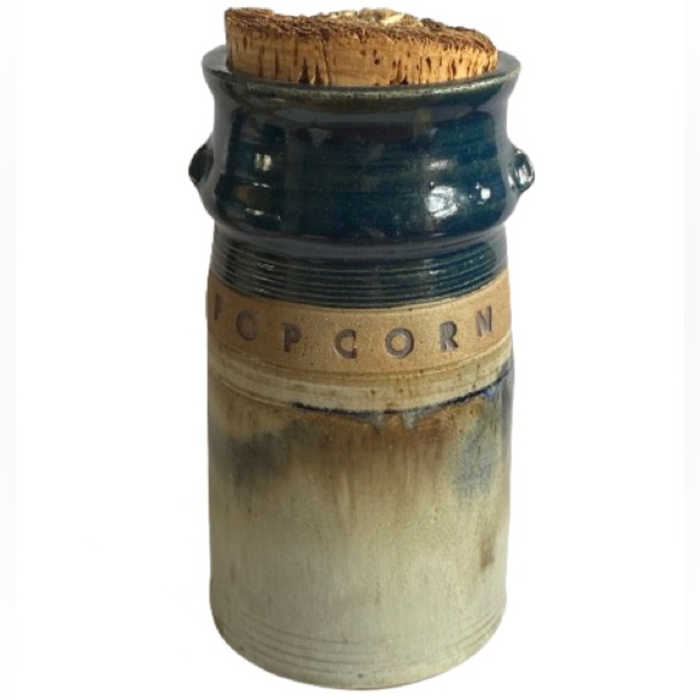 Hand Made 1989 Stoneware Pottery Container POPCORN Crock Signed Bob Huskins
